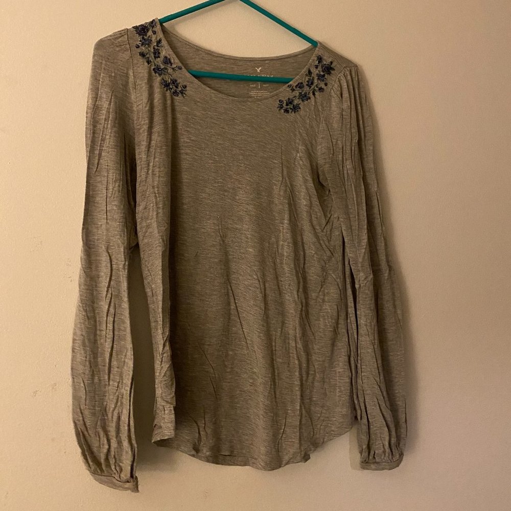 Soft Long Sleeve Grey Shirt with Floral Accents